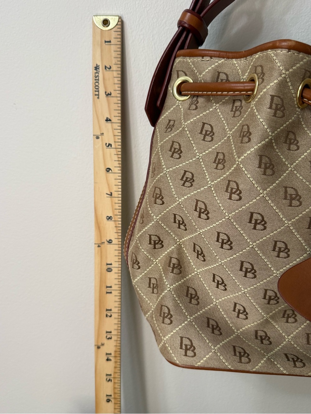 Dooney & Bourke DB Monogram Drawstring Bucket Bag Brown Tan Shoulder Purse - Picture 12 of 12